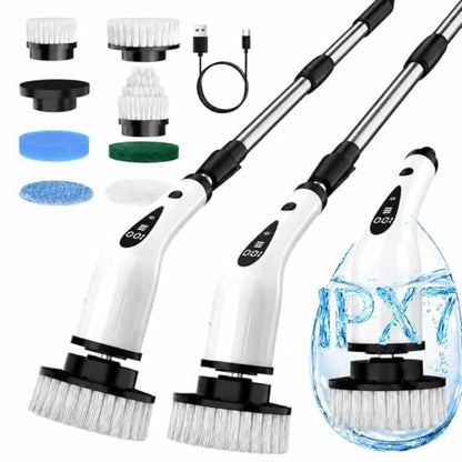 Electric Spin Scrubber, 3-Speed Flat End Brush with 8 Brush Heads & Base, IPX7 Waterproof, Adjustable Long Handle, Digital Display, 2500mAh Fast Charging, for Bathroom, Tub, Tile, Floor - color: Black