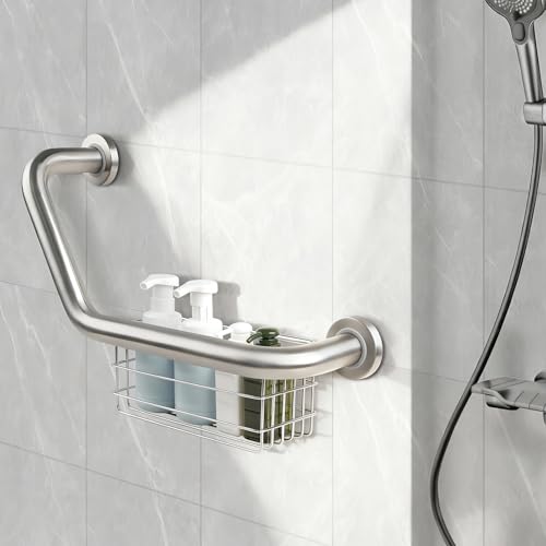 FSA Eligible, Upgrade 16 inch Angled Grab Bar with Storage Basket, Handicap Grab Bar for Elderly, Stainless Steel, Grab Bars for Shower, Bathroom Mobility Aid, Heavy Duty 550lbs Support