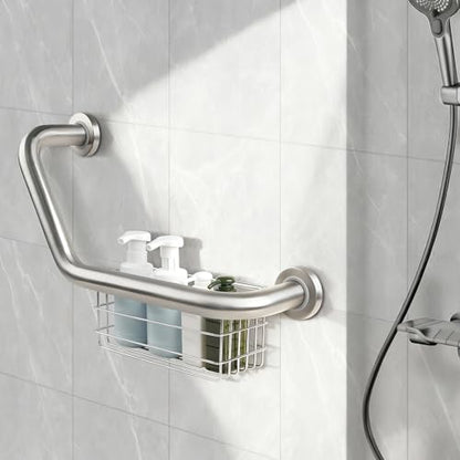 FSA Eligible, Upgrade 16 inch Angled Grab Bar with Storage Basket, Handicap Grab Bar for Elderly, Stainless Steel, Grab Bars for Shower, Bathroom Mobility Aid, Heavy Duty 550lbs Support