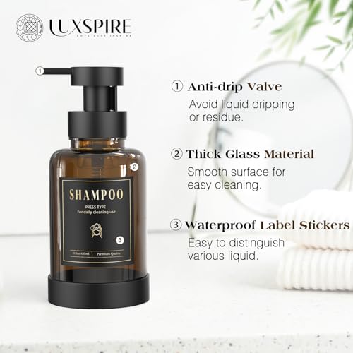 Luxspire Glass Foaming Soap Dispenser 15oz Hand Soap Bottle, Amber, 2 Pack | Anti-drip pump, wide mouth easy refill, non-slip silicone base, 7 waterproof labels, bathroom and kitchen sink use - color: Amber