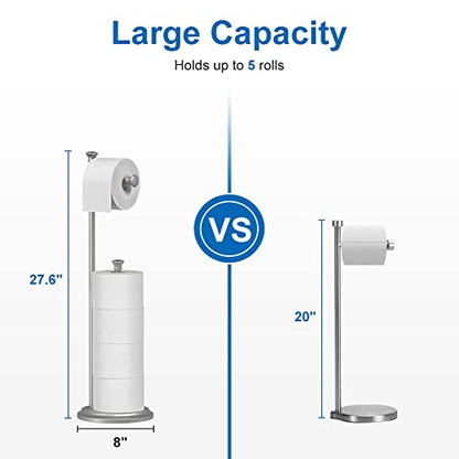 Free Standing Toilet Paper Holder Stand Brushed Nickel Toilet Roll Stand Bathroom Tissue Rack with Storage Reserves 5 Mega Rolls - color: B-brush Nickel