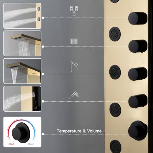BWE Rainfall Waterfall Shower Panel Tower System Stainless Steel Bathroom Shower Panel with 5 Massage Body Jets Sprays and Handheld Shower,Polished Gold and Black