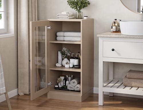 100% Solid Wood 16.5"" Bathroom Storage Cabinet with Clear Glass Door & Adjustable Shelves - color: Beige, style: Clear Glass Door