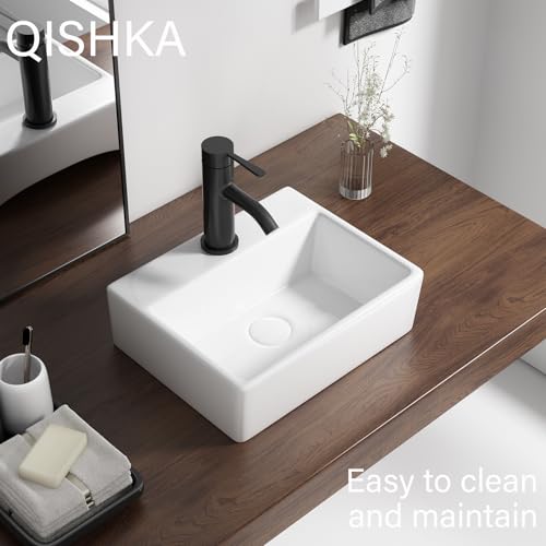 Wall Mounted Bathroom Vessel Sink, QISHKA 15" X 12" Rectangular Floating Ceramic Wash Hand Basin White Wall Hung Vanity Sink for Bathroom and Cloakroom - size: 15" x 12" x 4.7"