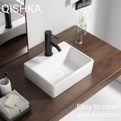 Wall Mounted Bathroom Vessel Sink, QISHKA 15" X 12" Rectangular Floating Ceramic Wash Hand Basin White Wall Hung Vanity Sink for Bathroom and Cloakroom - size: 15" x 12" x 4.7"