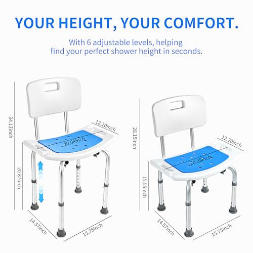 Shower Chair with Back, 300 lbs Capacity Heavy Duty Bath Seat, 6-Level Adjustable Height Shower Seat for Inside Shower, Tool-Free Assembly Aluminum Shower Stool with Back for Elderly Adults
