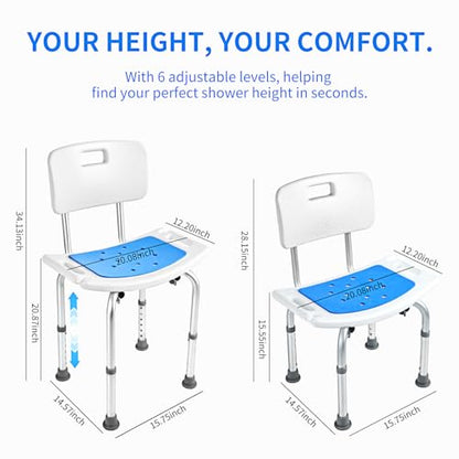 Shower Chair with Back, 300 lbs Capacity Heavy Duty Bath Seat, 6-Level Adjustable Height Shower Seat for Inside Shower, Tool-Free Assembly Aluminum Shower Stool with Back for Elderly Adults