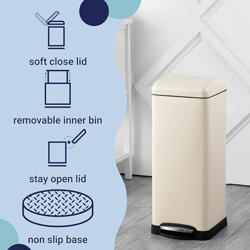 happimess HPM1007F Betty Retro 8-Gallon Step-Open Trash Can with Soft-Close Lid, Fingerprint Resistant, Modern, Minimalistic for Home, Kitchen, Laundry Room, Office, Bedroom, Bathroom, Almond | Fingerprint Resistant, Removable Liner, Semi-Rectangular, Ste