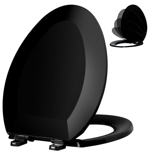 Angol Shiold Elongated Toilet Seat - Slow Close Hinges, Ergonomic Design with Grip-Tight Bumpers, Safe Easy-Clean PP Material (Black, 18.5" Elongated) - color: Black, size: Elongated 18.5‘’