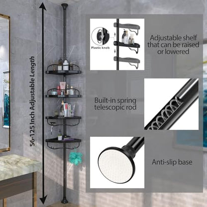 Shower Caddy,Shower Caddy Tension Pole with 4 ABS Baskets,Shower Storage Shelf with 56 to 125 Inch Adjustable Stainless Pole for Bathroom Black - color: Black