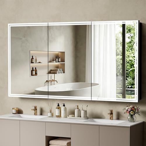 60"x32" Lighted Bathroom Medicine Cabinet, LED Medicine Cabinet Mirror with Electrical Outlet & USB Port, Defogger and Dimmable 3 Colors Adjustment, Aluminum Door Frame-Recessed/Wall Mounted - size: 60" x 32”