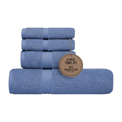 Extra Soft Bath Towels Set of 4 - Soft & Turkish Cotton 100% Cotton, Cute - Includes 1 Bath Towel (28" x 56"), 1 Hand Towel (16"x28") and 2 Wash Cloths (12"x12") - Sky Blue - color: Sky Blue, size: 4-Piece Bath Towel Sets