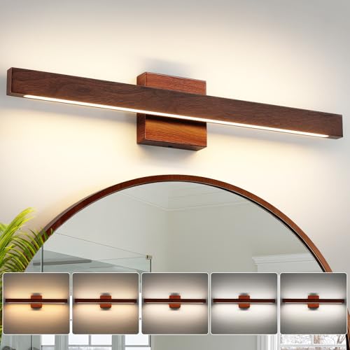 Modern Bathroom Light Fixtures Over Mirror, 24 Inch Brown Wood Finish Vanity Light Bar 20W Dimmable 5CCT LED Vanity Lights for Bathroom Wall Lighting Fixtures Over Mirror - color: Brown Wood, size: 24 Inch
