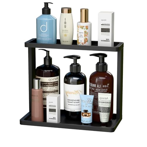 PEKER Bamboo Bathroom Organizer Countertop – Small Vanity Storage Shelf for Makeup, Perfume, Skincare – Natural Cosmetics Display Rack for Dresser, Sink, Kitchen –Black - color: Black