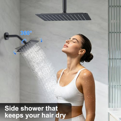 Matte Black Rainfall Shower System – Complete Spa Faucet Set with Handheld Sprayer & Mixer Valve – Tub Spout High Pressure Bathroom Fixture Trim Kit - color: Matte Black, size: 6''+12''+Bathtub Faucet