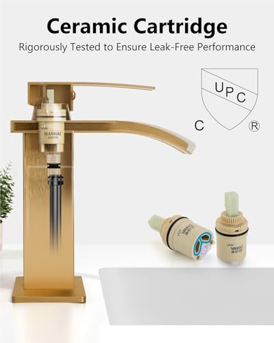 Gold Waterfall Bathroom Faucet 1-Handle Vanity Faucet | Stainless Steel Modern Bathroom Sink Faucet,Pop-Up Drain, Supply Lines 6-in Deck Plate, 1- or 3-Hole, NSF Certified - color: Gold