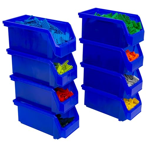 Medium Stackable Plastic Storage Bins, 8-Pack, Blue | Open-Front Stackable Bins For Garage, Pantry, Closet & Office, 11"L X 5,5"W X 5"H, Nests When Empty, Durable Plastic, - color: Blue, size: Medium, 8-Pack