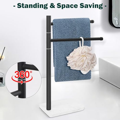 Hand Towel Holder, F-Shape Hand Towel Stand with Marble Base, Stainless Steel Swivel Hand Towel Rack Bar Standing for Bathroom Kitchen Countertop, 2 Arms (Matte Black) - color: Matte Black