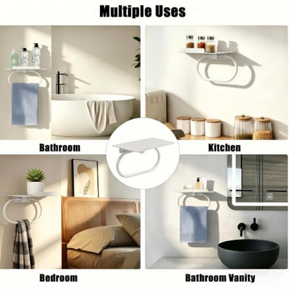 White Hand Towel Ring with Shelf, Wall Mounted Metal Towel Holder with Platform for Candle Phone Cosmetics Small Potted Plant, Towel Rack with Shelf for Home Office Bathroom Kitchen Entrance - color: White