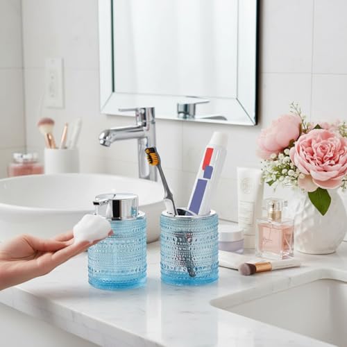 Blue Bathroom Accessory Sets, Glass Toothbrush Holder and Soap Dispenser for Bathrooms, Foaming Hand Soap Dispenser, Toothbrush and Toothpaste Cup Holder, Soap and Toothbrush Holder Set - color: Blue