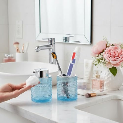 Blue Bathroom Accessory Sets, Glass Toothbrush Holder and Soap Dispenser for Bathrooms, Foaming Hand Soap Dispenser, Toothbrush and Toothpaste Cup Holder, Soap and Toothbrush Holder Set - color: Blue