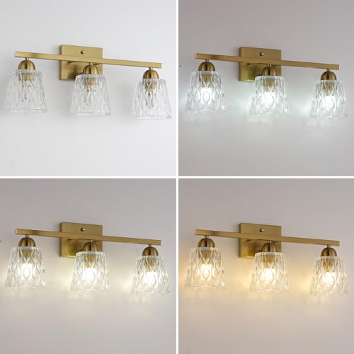 Mecgirn Stainless Steel Bathroom Vanity Light Over Mirror, 3 Light Brushed Gold Bathroom Light Fixtures with Textured Glass Shades, Modern Vanity Lighting Wall Mount - color: Brushed Gold, size: 3 Light