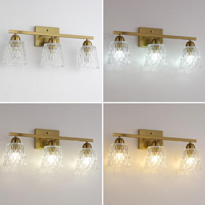 Mecgirn Stainless Steel Bathroom Vanity Light Over Mirror, 3 Light Brushed Gold Bathroom Light Fixtures with Textured Glass Shades, Modern Vanity Lighting Wall Mount - color: Brushed Gold, size: 3 Light