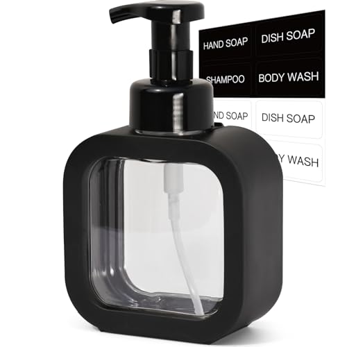 Foaming Soap Dispenser, 300ml (10oz) Plastic Refillable Foaming Hand Soap Dispenser with 8 Pcs Waterproof Labels, Foam Pump Bottle for Bathroom and Kitchen (Black) - color: Black