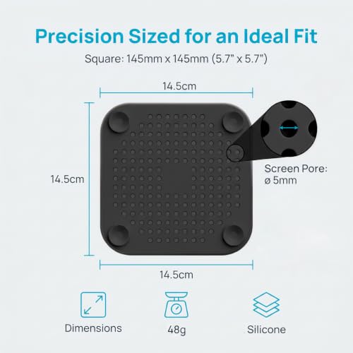 Square Silicone Drain Cover, 5.7 Inch Flat Shower Drain Hair Catcher with Suction Cups, TPR Drain Protector Stopper for Bathroom and Kitchen, Anti-Slip Floor Drain Strainer (2 Pack, Black)