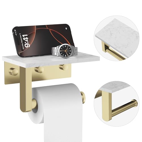 Brushed Gold Toilet Paper Holder with Marble Shelf Tissue Roll Holder | 304 Stainless Steel Wall Mounted Toilet Paper Roll Holder Screw-Mounted Tissue Holder for Bathroom Washroom by BATHLAVISH - color: Brushed Gold