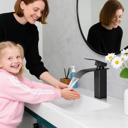 Bathroom Faucets Matte Black Waterfall Bathroom Sink Faucet 2 Pack | with Pop-up Drain & Deck,Supply Hoses,Single Handle Vanity Faucet,Stainless Steel,1 or 3 Hole,RV,Farmhouse Bathrooms - color: A-Matte Black x 2, style: Short