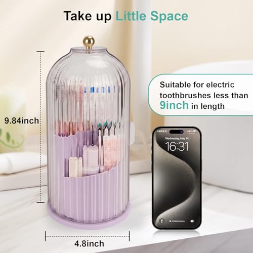QIYVLOS Toothbrush Holders with Sliding Lid, Rotating 3 Slots Bathroom Organizer Countertop, Tooth Brush Toothpaste Holder Bathroom Counter Stand Sink Organizer for Makeup Brushes Holder (Purple) - color: Purple+transparent