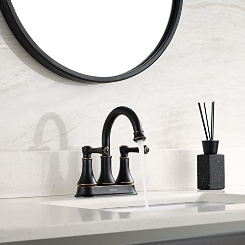 Oil Rubbed Bronze 2 Handle Centerset Bathroom Sink Faucet with Pop up Drain | TimeArrow Modern 4 Inch Bathroom Faucet, Vanity Lavatory Faucet 3 Holes with 360° Swivel Stainless Steel Spout, TAF067Y-ORB - color: Oil Rubbed Bronze-067Y