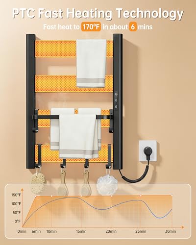 4-Bar Wall Mounted Heated Towel Rack for Bathroom, Matte Black | PTC Fast Heating to 170°F in 6 Minutes, Adjustable Temperature 110-170°F, 2-12H Timer, Space Aluminum Towel Warmer - color: Black, size: PTC 4-Bars