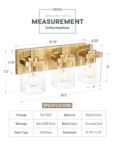 3-Light Brushed Gold Bathroom Vanity Light, Square Clear Glass Shade | 16.5" modern bathroom light fixtures over mirror, E26 base, bulbs not included, VL194-BG-3 - color: Gold, Square Glass Shade, size: 3-light