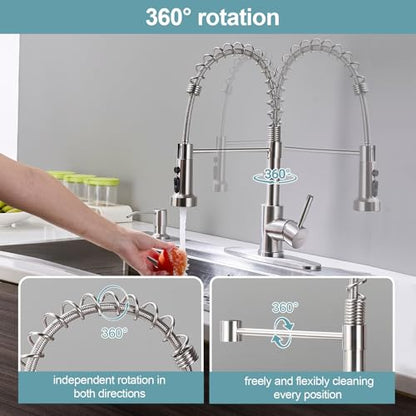 Kitchen Faucets with Pull Down Sprayer and Soap Dispenser, Brushed Nickel Stainless Steel Single Pull Out Spring Sink Faucet, 3 Function Sprayer 1 or 3 Hole Deck Plate for Farmhouse Rv Bar - color: Brushed Nickel, style: Classic(with Soap Dispenser)
