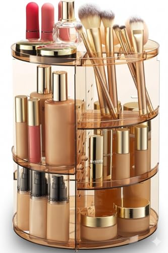 Masirs 360 Rotating Makeup Organizer Countertop, Adjustable Shelf, Brown | 360-Degree Rotating Makeup Organizer, Adjustable Shelf Height, Cosmetic Perfume Skincare Storage, Vanity Countertop, Brown - color: Brown