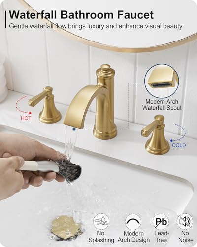Brass Bathroom Waterfall Faucet, 4-16 Inch Brushed Gold Bathroom Faucet Widespread Bathroom Sink Faucet, 2 Handles Bathroom Faucets for Sink 3 Hole with Pop Up Drain, Water Hoses - color: Brushed Gold