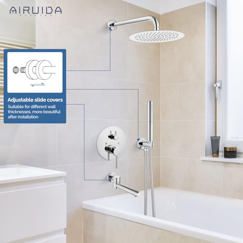 Airuida 3-Function Shower System with Tub Spout – Round Rainfall Shower Faucet Combo,Handheld Spray with 2 Functions,Includes Rough-In Valve with 360° Rotating Drain,10 Inch Shower Head,Chrome Polish - color: Chrome Polish, size: 10 Inch