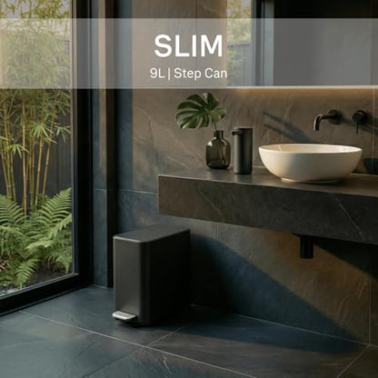 simplehuman Slim Step Can, 9L / 2.4 Gallon Primary Bathroom Trash Can, Liner Pocket®, Sleek Internal Hinge, 150,000-Step All-Steel Pedal, Lid Shox® Silent Close, Matte Black Steel - color: Matte Black, size: 9L
