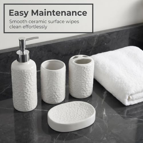 4 Piece White Ceramic Bathroom Accessories Set, 3D Embossed Floral Bath Decor Set with Soap Dispenser, Toothbrush Holder, Tumbler and Soap Dish, Elegant Countertop Organizer for Bathroom