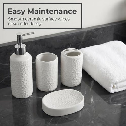 4 Piece White Ceramic Bathroom Accessories Set, 3D Embossed Floral Bath Decor Set with Soap Dispenser, Toothbrush Holder, Tumbler and Soap Dish, Elegant Countertop Organizer for Bathroom