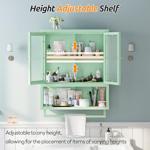 Bathroom Wall Cabinet with 2 Glass Door, Bathroom Medicine Cabinet with Towels Bar and Shelves, Over The Toilet Storage Cabinet, Metal Wall Mounted Cabinet for Laundry Room Kitchen (Green) - color: Green