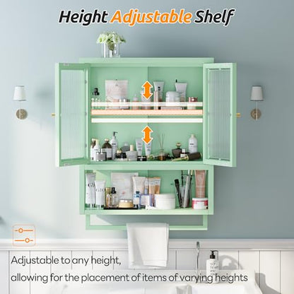 Bathroom Wall Cabinet with 2 Glass Door, Bathroom Medicine Cabinet with Towels Bar and Shelves, Over The Toilet Storage Cabinet, Metal Wall Mounted Cabinet for Laundry Room Kitchen (Green) - color: Green