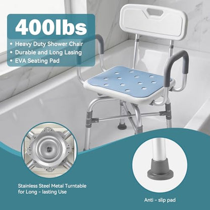 Swivel Shower Chair with Arms and Back, 450lbs Locking Shower Stool for Inside Shower Stall and Bathtub, Height Adjustable Rotating Shower Chair & Seat for Elderly, Adults, Handicap and Disabled - size: 450lbs Heavy Duty Shower Chair