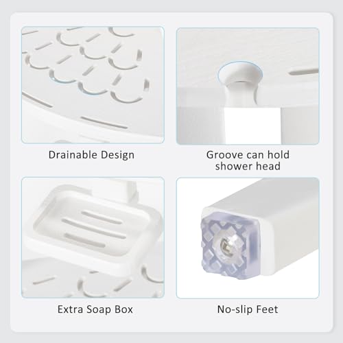 NALONE Corner Shower Stool, HDPE Shower Bench for Inside Shower, Small Shower Chair Seat for Shaving Legs with Storage Shelf, Soap Box and No-Slip Feet (White) | Small Shower Chair Seat for Shaving Legs, with Storage Shelf, Soap Box and No-Slip Feet, All