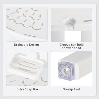 NALONE Corner Shower Stool, HDPE Shower Bench for Inside Shower, Small Shower Chair Seat for Shaving Legs with Storage Shelf, Soap Box and No-Slip Feet (White) | Small Shower Chair Seat for Shaving Legs, with Storage Shelf, Soap Box and No-Slip Feet, All