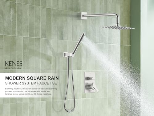 KENES Brushed Nickel Square Rain Shower System Faucet Set with Handheld | Shower Faucet with 10-Inch Rain Shower Head, Square Shower System, Valve Included, Lead-Free cUPC & NSF Certified, Stainless - color: Brushed Nickel, style: Showerhead and Handheld