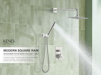 KENES Brushed Nickel Square Rain Shower System Faucet Set with Handheld | Shower Faucet with 10-Inch Rain Shower Head, Square Shower System, Valve Included, Lead-Free cUPC & NSF Certified, Stainless - color: Brushed Nickel, style: Showerhead and Handheld