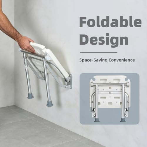 Wall-Mounted Foldable Shower Seat for Seniors | 400 lbs Capacity, Space-Saving Bath Bench for Seniors, Pregnant Women & Mobility Impaired, Non-Slip Feet, Drainage Holes